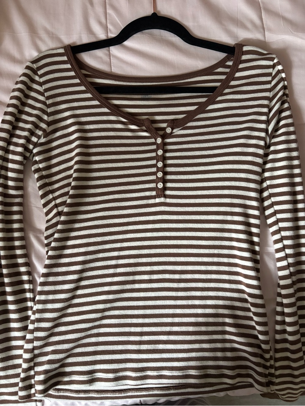 Brandy Melville Brown and White Striped Long-Sleeve Henley